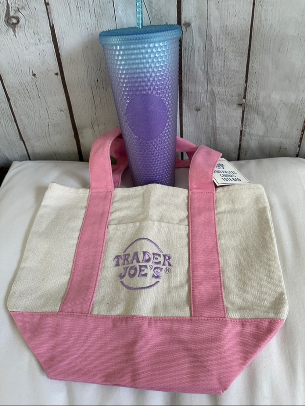 Trader Joe’s Pink & Cream Mini Canvas Tote Bag and Starbucks Siren Logo cup